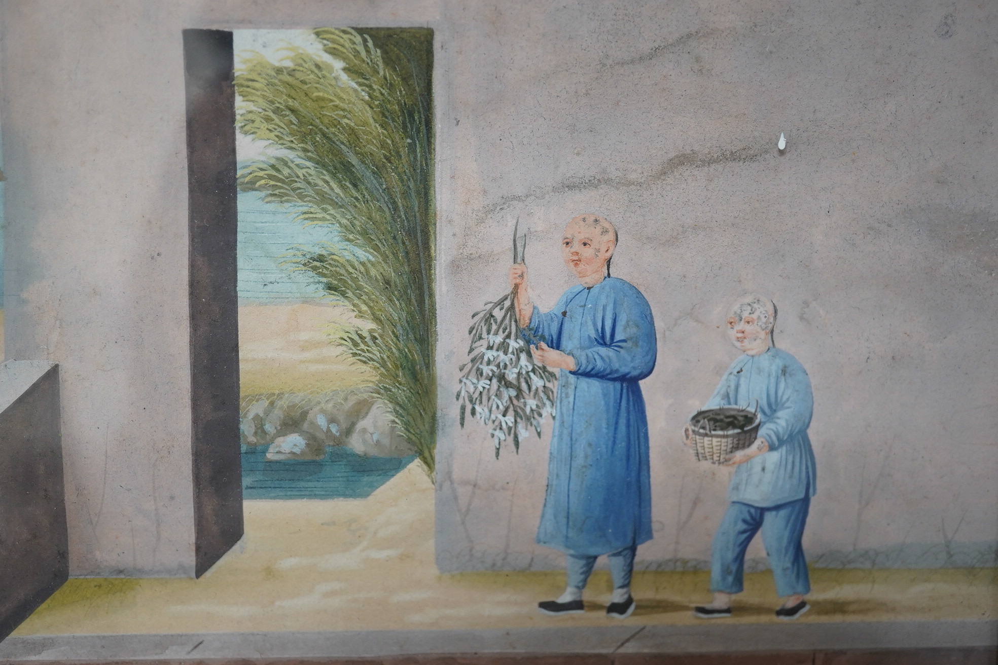 China Trade, Guangzhou School, c.1805, gouache on paper, figures in a pavilion